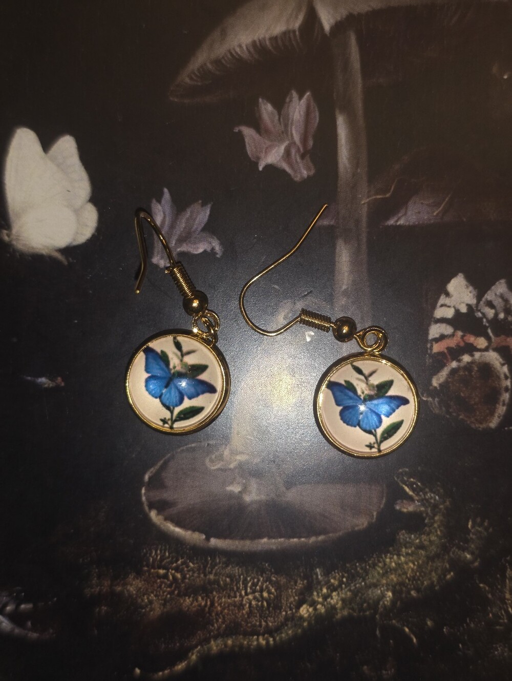 Blue Butterfly Glass Cabochons On Hook Earrings